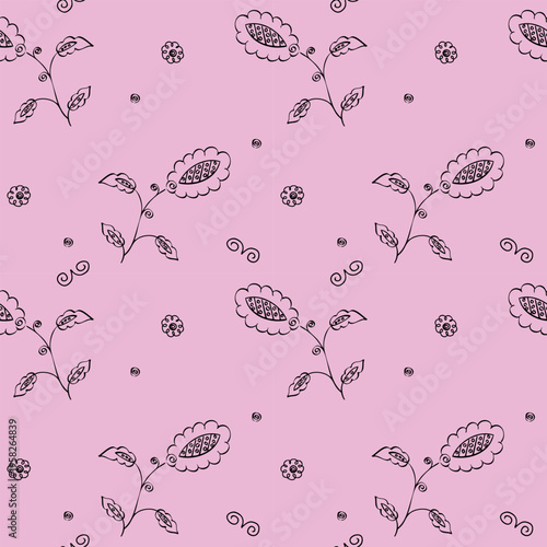 seamless pattern with hand-drawn elements, children's drawing with stylized flowers, butterflies and ornament fragments
