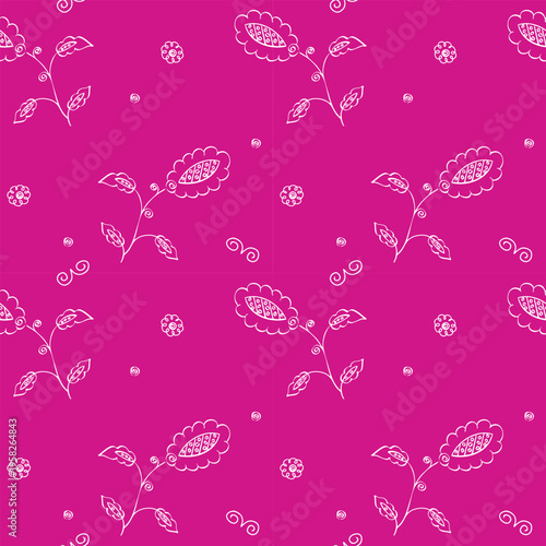 seamless pattern with hand-drawn elements, children's drawing with stylized flowers, butterflies and ornament fragments