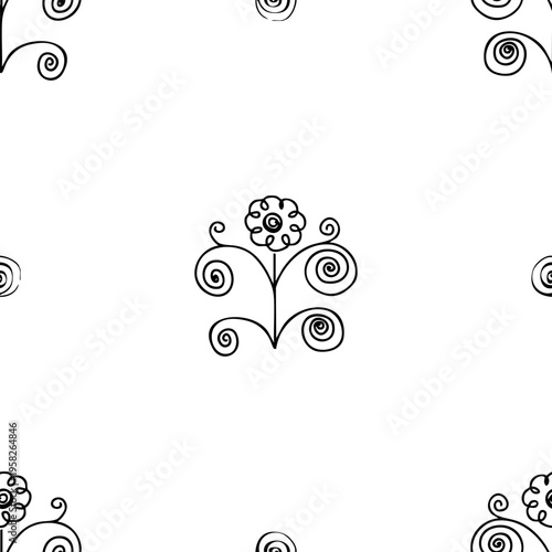 seamless pattern with hand-drawn elements, children's drawing with stylized flowers, butterflies and ornament fragments