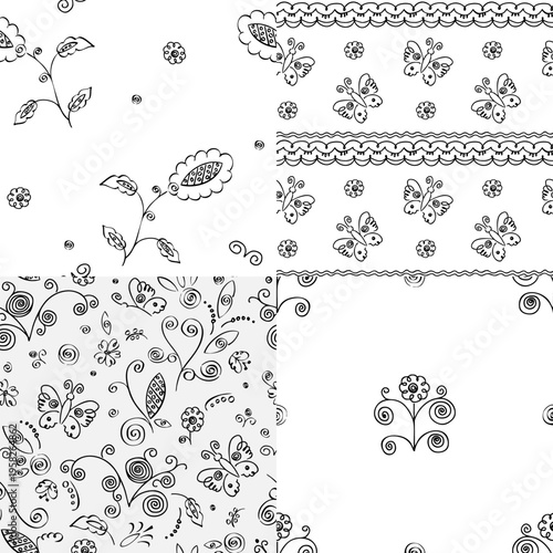 seamless pattern with hand-drawn elements, children's drawing with stylized flowers, butterflies and ornament fragments