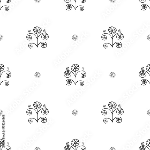 seamless pattern with hand-drawn elements, children's drawing with stylized flowers, butterflies and ornament fragments