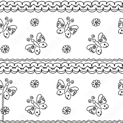 seamless pattern with hand-drawn elements, children's drawing with stylized flowers, butterflies and ornament fragments