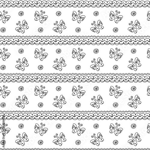 seamless pattern with hand-drawn elements, children's drawing with stylized flowers, butterflies and ornament fragments