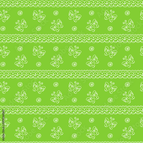seamless pattern with hand-drawn elements, children's drawing with stylized flowers, butterflies and ornament fragments