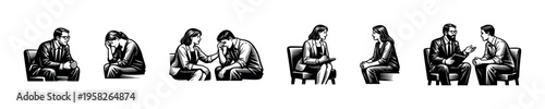 Black and white vector illustration of people in counseling sessions discussing and supporting each other