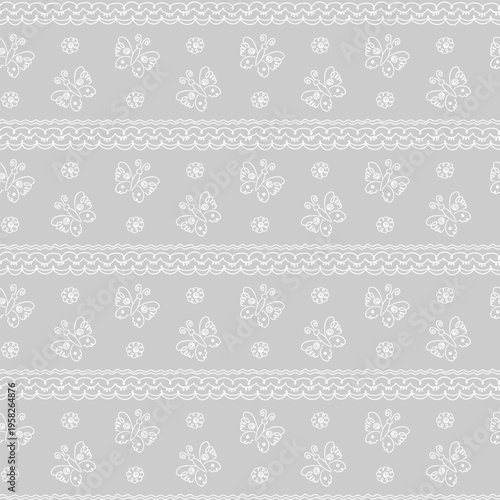 seamless pattern with hand-drawn elements, children's drawing with stylized flowers, butterflies and ornament fragments