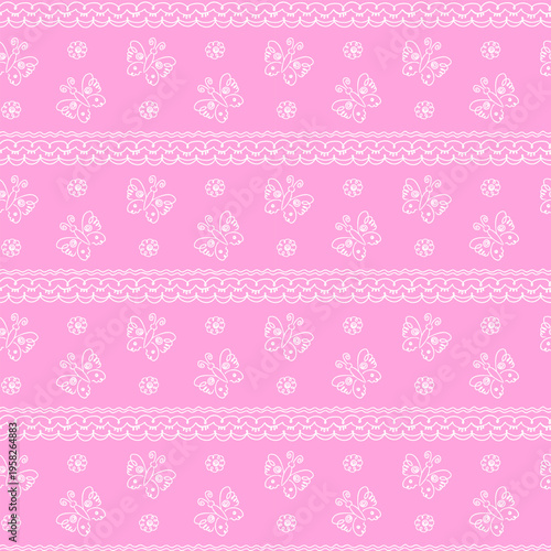 seamless pattern with hand-drawn elements, children's drawing with stylized flowers, butterflies and ornament fragments