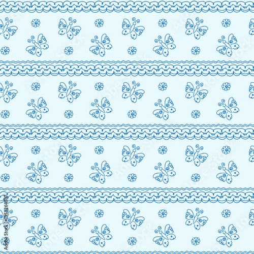seamless pattern with hand-drawn elements, children's drawing with stylized flowers, butterflies and ornament fragments
