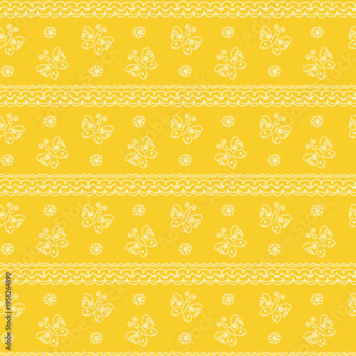 seamless pattern with hand-drawn elements, children's drawing with stylized flowers, butterflies and ornament fragments