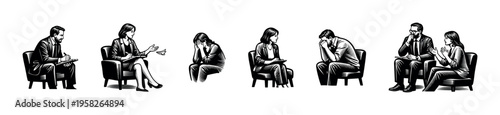 Vector illustration of people in therapy sessions black and white silhouette style