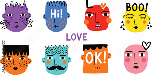 Set of colorful funky hand drawn vector character faces and expressive avatars featuring quirky illustrations for social media stickers posters and creative branding projects.