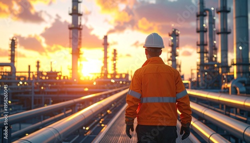 Industrial worker walking at refinery sunset scene