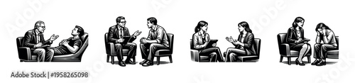 Illustration of various therapy sessions with patients and psychiatrists in black and white vector style