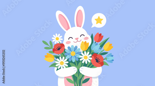 A joyful cartoon bunny showcases a bouquet of vibrant flowers, representing happiness and love, embodying the spirit of spring and friendship in a cheerful and vibrant setting.
