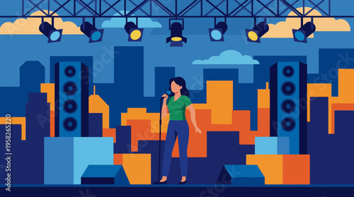 A vibrant illustration of a woman singing on stage, surrounded by bright colors and musical equipment, conveying the excitement and energy of a live performance.