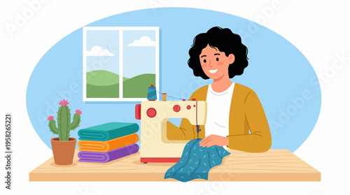 A talented woman is sewing colorful fabric with a sewing machine at home, highlighting creativity, craftsmanship, and the joy of creating unique items from fabric.