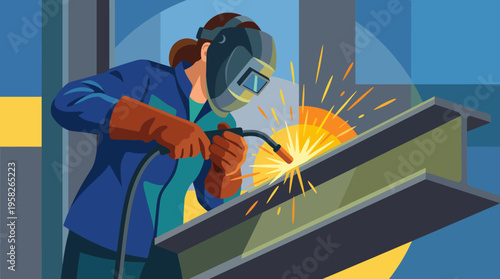 An empowered female welder captured in action, creating sparks as she works on metal, symbolizing strength, skill, and innovation in the field of craftsmanship and industry.