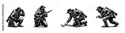 Western outlaw characters silhouette illustration, black and white, vector style, clipart