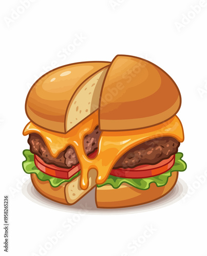 An appetizing illustration of a cheeseburger overflowing with melted cheese, inviting viewers to savor the deliciousness and appeal of classic fast food enjoyment.