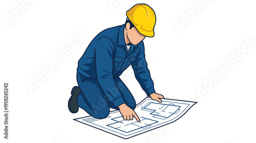 A construction worker in a yellow hard hat kneels to examine architectural blueprints, showcasing the meticulous planning and attention to detail required in building projects.