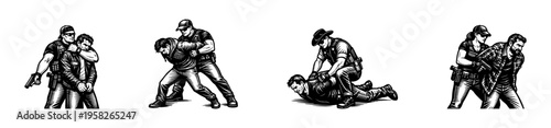 Law enforcement vector illustrations showing arrest and detainment scenarios in black and white