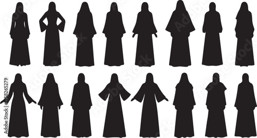 Collection of Muslim women silhouettes wearing abaya and hijab isolated on white
