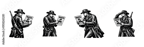 Vintage western outlaw silhouette illustrations featuring wanted posters