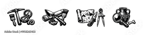 Black and white vector illustrations of archaeological tools and artifacts