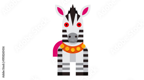 A frontal illustration of a stylized zebra with bold colors, wearing an orange necklace and pink accessory