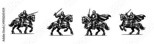 Medieval knights on horseback black and white silhouette vector illustration