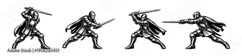 Medieval knights in combat positions, vector illustration, black and white silhouette of warriors with swords