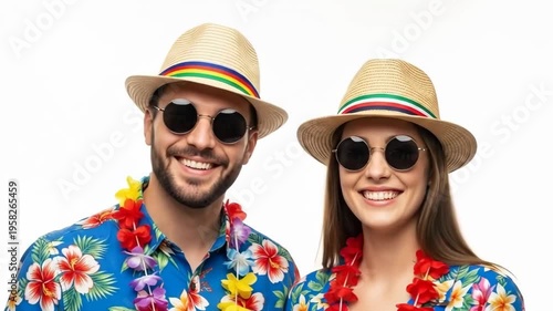 A young couple wearing colorful Hawaiian shirts and leis in a fun
