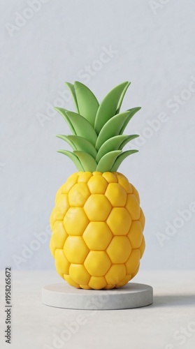 Yellow pineapple with green crown on minimalist base