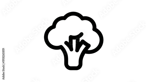Simple, black and white icon illustration representing a broccoli vegetable