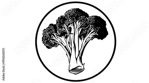 A simple, black-and-white illustration of a broccoli floret contained within a circle