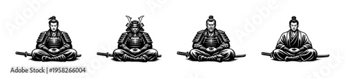Black and white vector illustrations of samurai warriors in meditative poses silhouette style