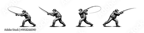 Black and white vector illustration of fishermen casting rods, silhouette art, fishing graphic elements