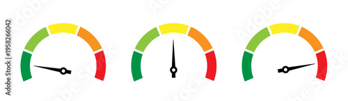 Speedometer icon set. Set of gauges from low to high. Risk meter icon set. Risk concept on speedometer. Set of gauges from low to high.  Vector illustration.