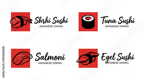 Four distinct logos representing different sushi dining experiences, illustrating the variety and appeal of traditional Japanese cuisine in a modern style.