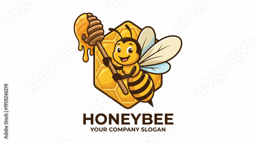 This joyful bee is depicted holding dripping honey, symbolizing organic ingredients and environmental friendliness in a cheerful cartoon style.