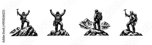 Black and white vector illustration of mountaineers on peaks with ice axes silhouette