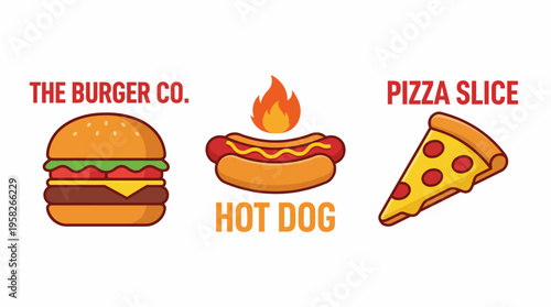 An eye-catching graphic arrangement of popular fast food items: a juicy burger, delicious hot dog, and cheesy pizza slice, perfect for food lovers and restaurants alike.