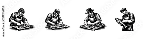 Black and white vector illustrations of fisherman cleaning and preparing fish