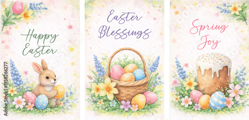 Watercolor Easter Greeting Cards Set with Flowers, Eggs and Kulich Matching Frame Collection