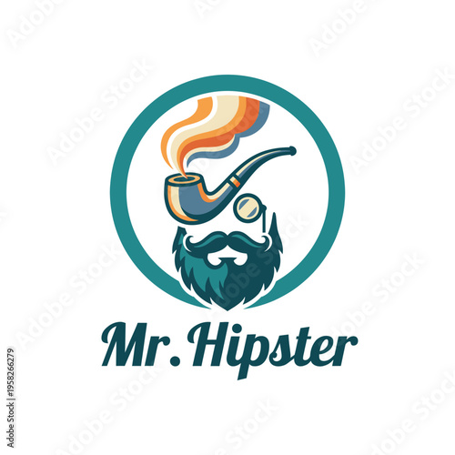 A stylish illustration of a bearded man with a smoking pipe, embodying hipster culture in a retro design, ideal for trendy apparel or art collections.