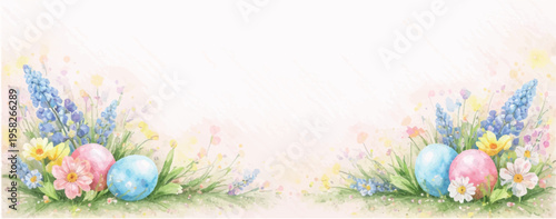 Watercolor Easter Floral Border with Eggs Horizontal Spring Background Matching Vertical Set