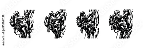 Set of vector silhouette illustrations of rock climbers in action with climbing gear