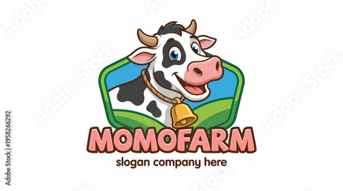 This logo features a cheerful cow character with a bell, representing a playful and friendly brand for a farm or dairy company, inviting potential customers with warmth.