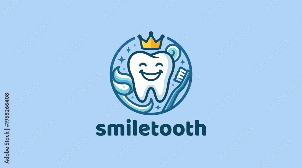 Obraz premium This image features a friendly, cartoon-style tooth character wearing a crown, symbolizing dental health and care, accompanied by a toothbrush in a playful design.