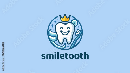 This image features a friendly, cartoon-style tooth character wearing a crown, symbolizing dental health and care, accompanied by a toothbrush in a playful design.